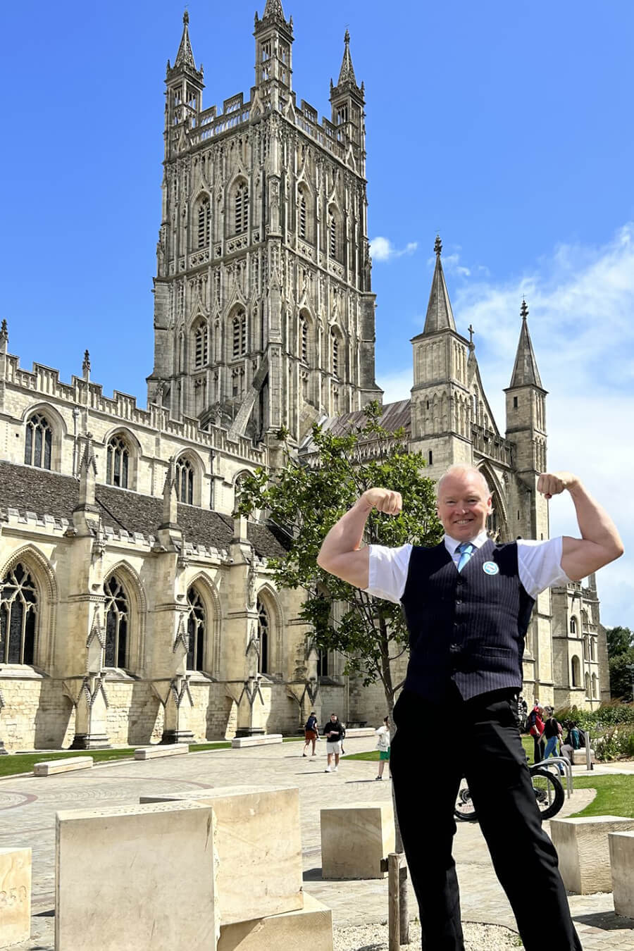 Chris Farmer outside Gloucester Cathedral